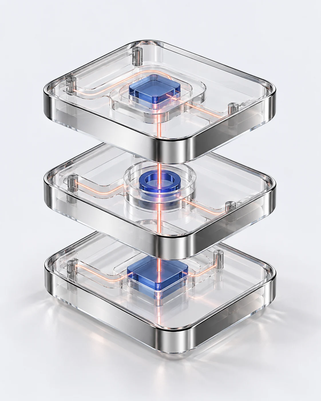 Sculptural layers of translucent glass with a coral core, each shaped to fit together